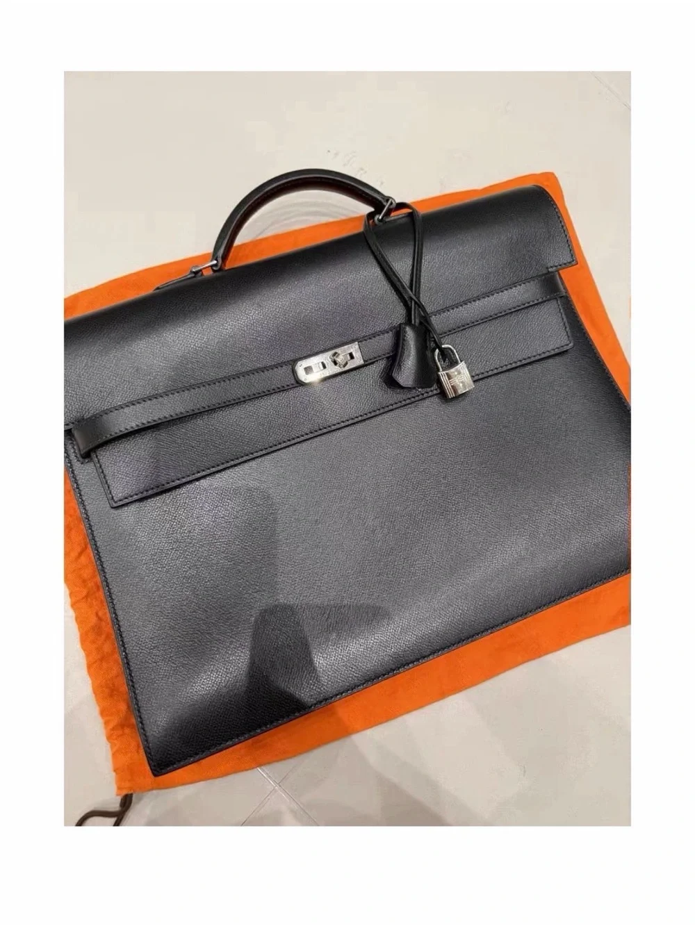 Hermes Black Leather Top-Handle Briefcase with Palladium Hardware